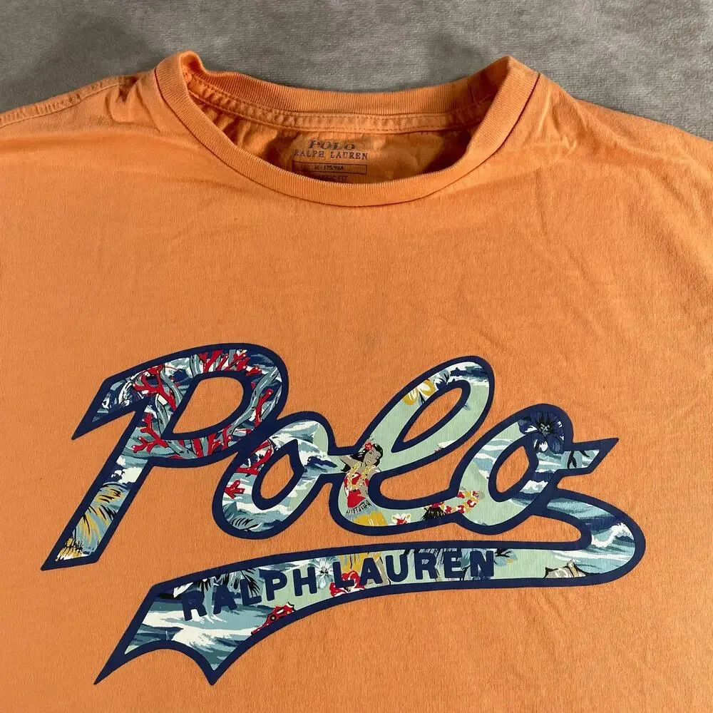 Polo Ralph Lauren Mens T-Shirt Medium Orange Hawaiian Tropical Logo Graphic Tee